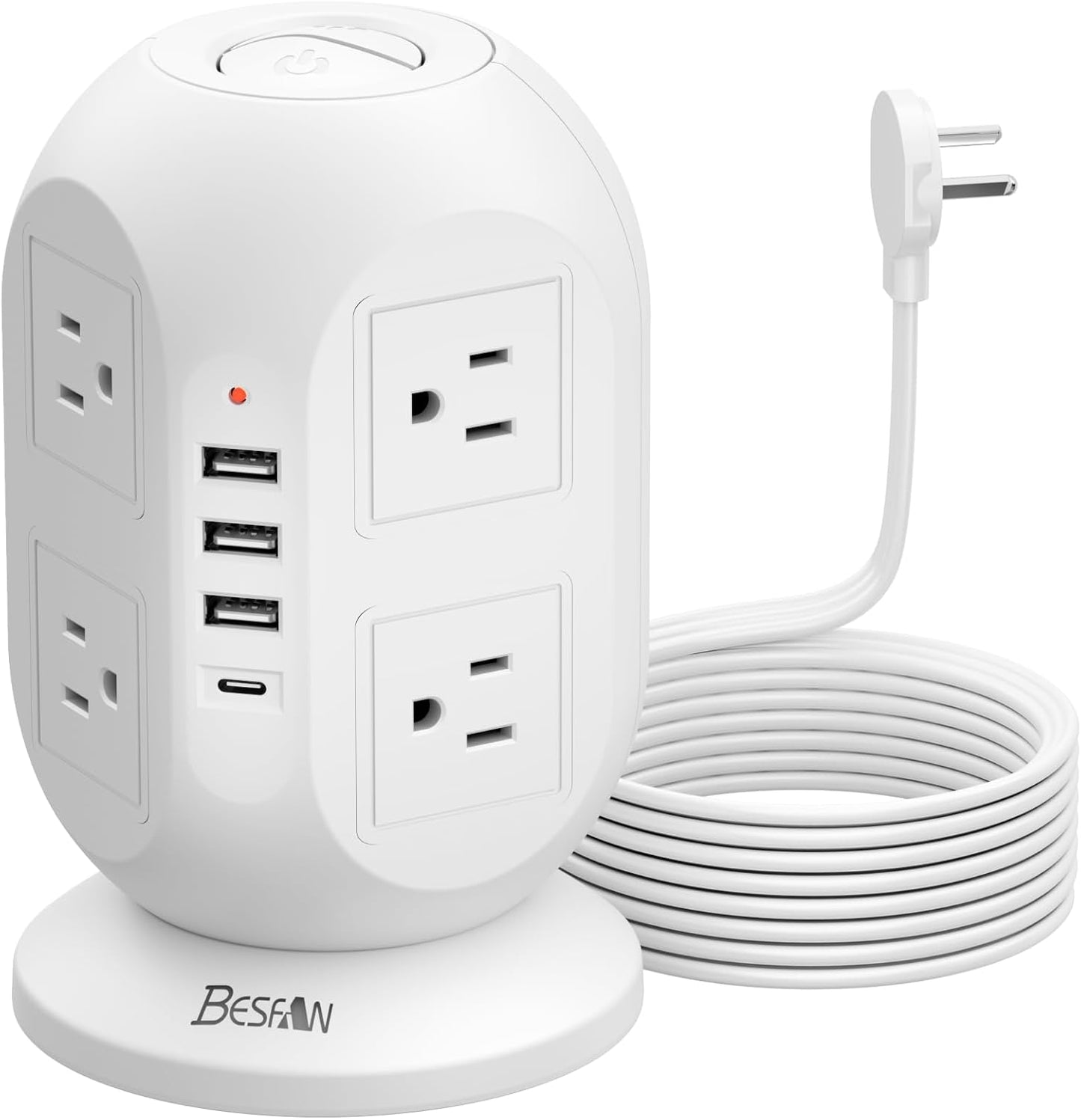 Tower Surge Protector Power Strip,  10 Ft Extension Cord with Multiple Outlets, 1050J Surge Protector, 8 Outlets 4 USB Ports Charging Station for Home Office Supplies Desk Accessories