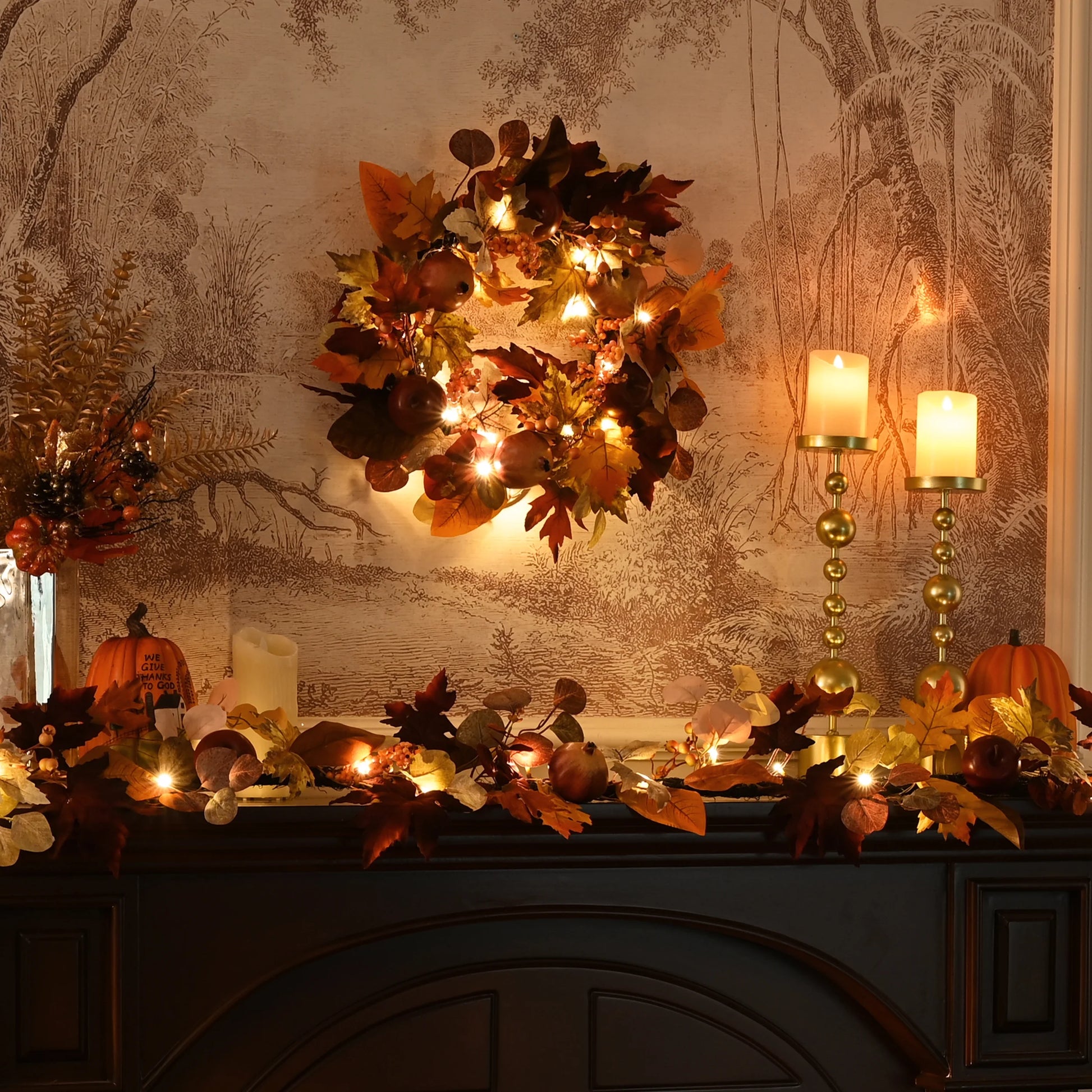 24 Inches Pre-Lit Fall Wreath Lighted Thanksgiving Wreath with Pomegranate & Apple Fall Wreath for Front Door Indoor Fireplace Farmhouse