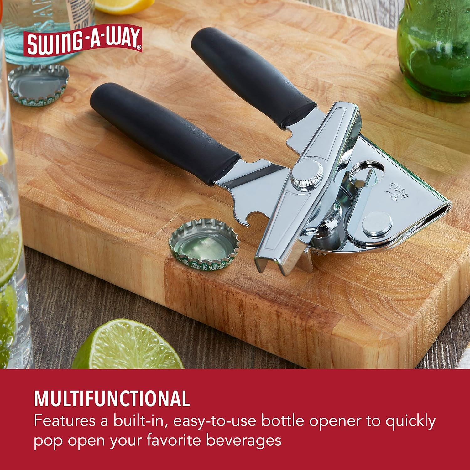 Portable Can Opener, Features an Ergonimic Handle for Optimal Comfort, and Built-In Bottle Opener for a 2-In-1 Tool, Durable Cutting Wheel, Black