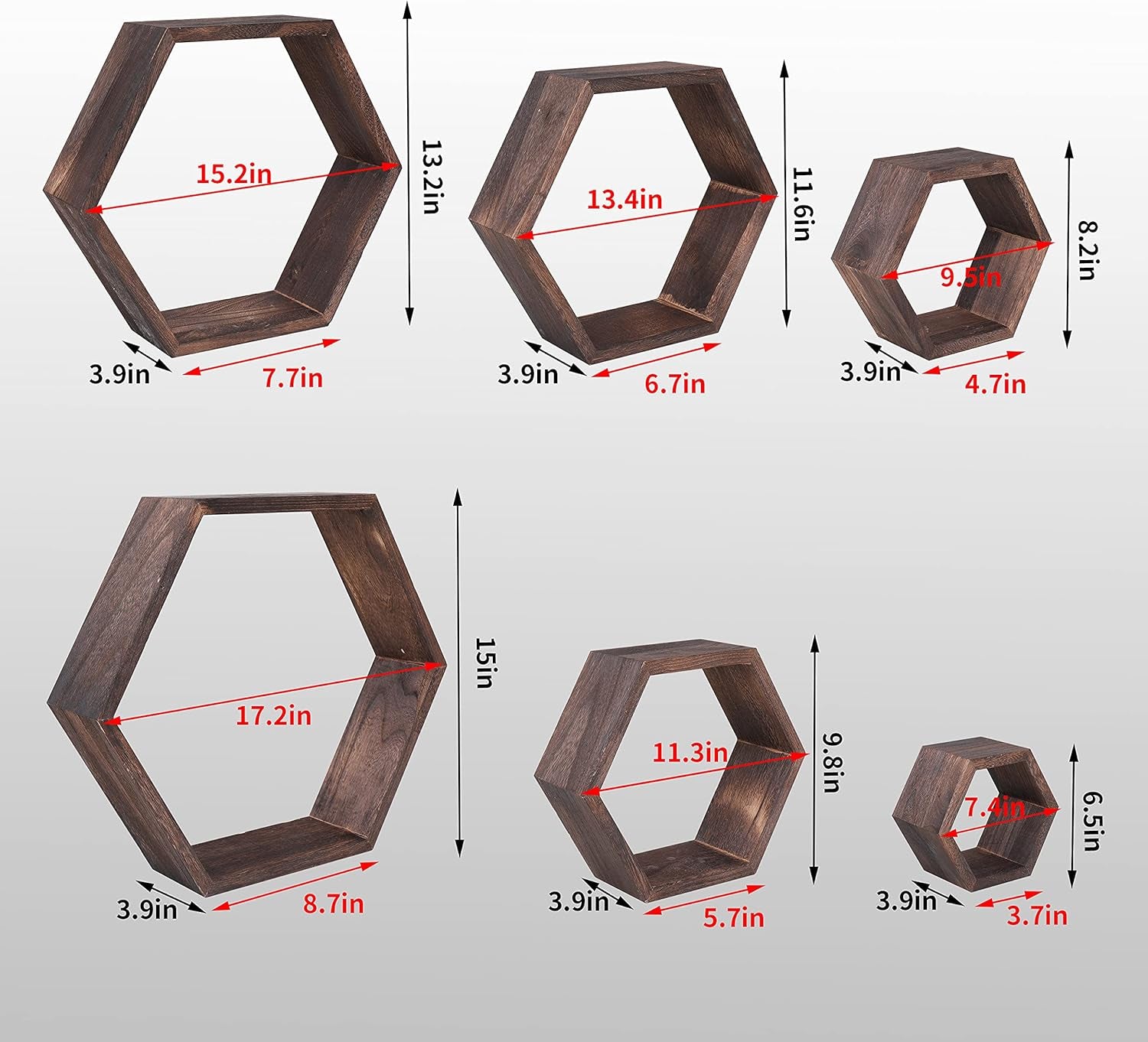 Hexagon Floating Shelves Set of 6 Wall Mounted Wood Farmhouse Storage Honeycomb Wall Shelf , Hexagonal Decor Wall Shelves for Bedroom, Living Room, Office, Screws Anchors Included Walnut