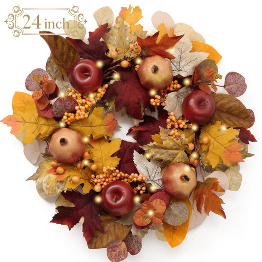 24 Inches Pre-Lit Fall Wreath Lighted Thanksgiving Wreath with Pomegranate & Apple Fall Wreath for Front Door Indoor Fireplace Farmhouse
