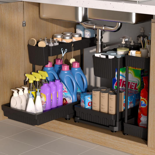 3 Pack Multi-Purpose under Sink Organizers and Storage, 2025 L-Shaped Pull Out Cabinet Organizer for Bathroom & Kitchen, under Cabinet Organizer with Hooks Hanging Cup, Black