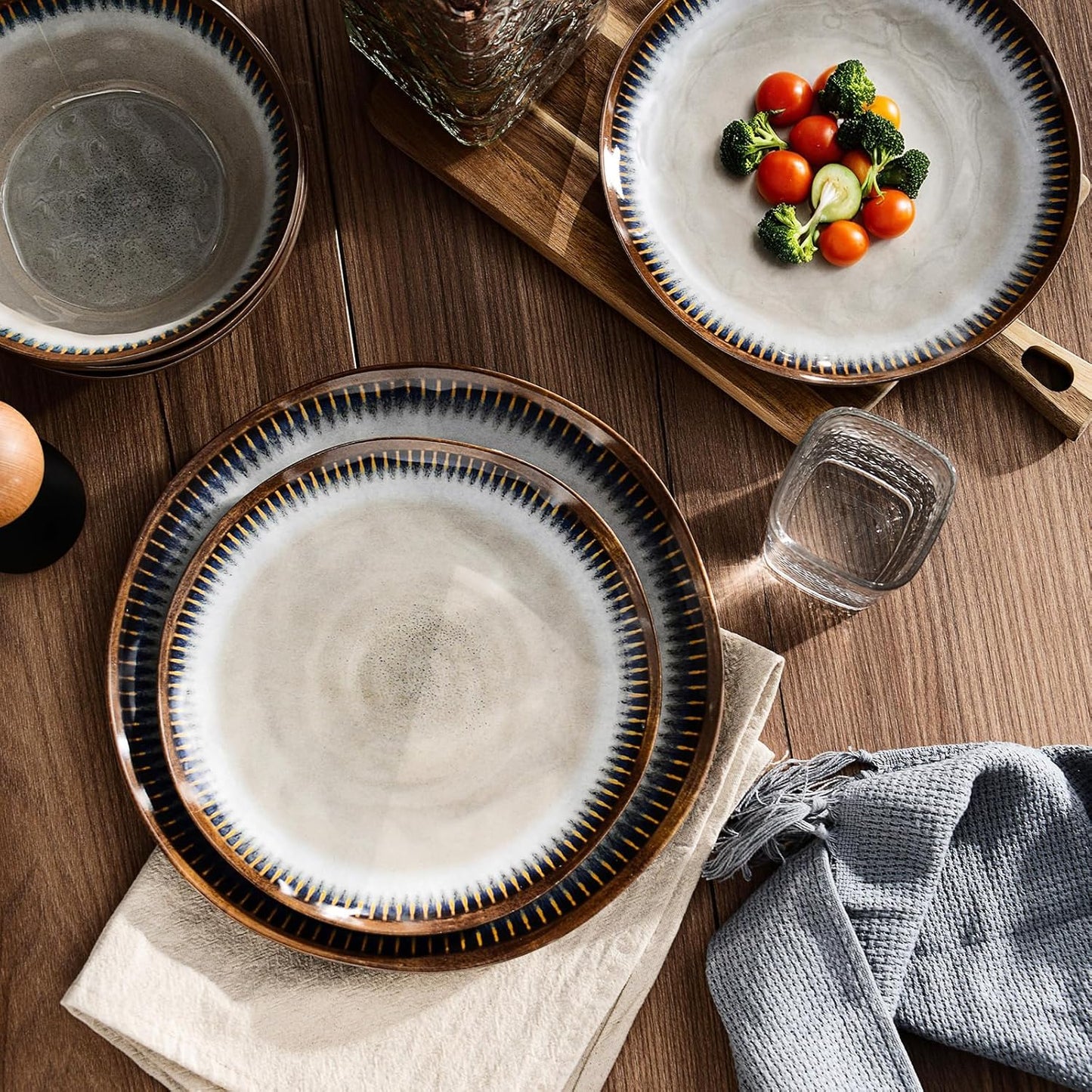 Melamine Dinnerware Set 12 Pcs for 4, Camping Plates and Bowls, Unbreakable, Lightweight, BPA Free, Dishwasher Safe, Blue with Brown