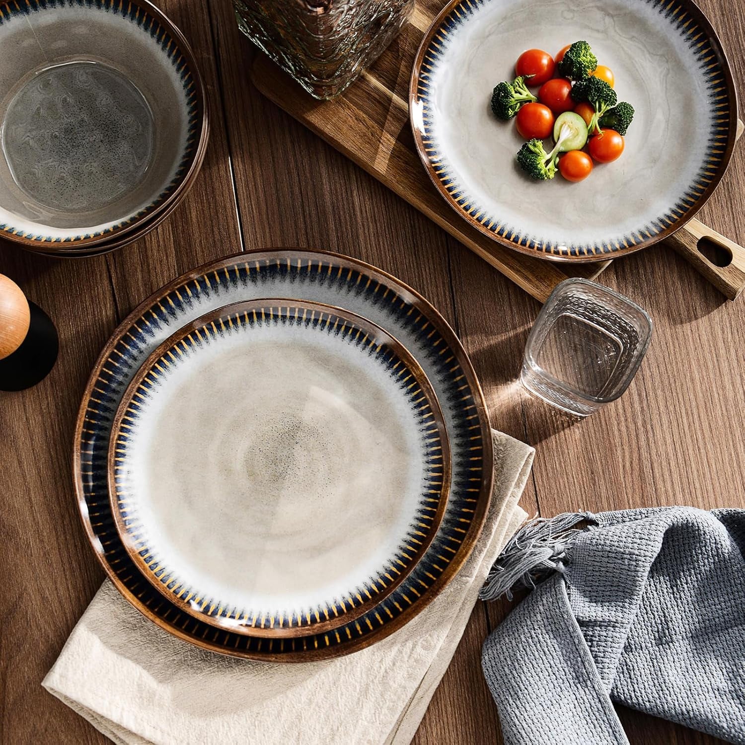 Melamine Dinnerware Set 12 Pcs for 4, Camping Plates and Bowls, Unbreakable, Lightweight, BPA Free, Dishwasher Safe, Blue with Brown