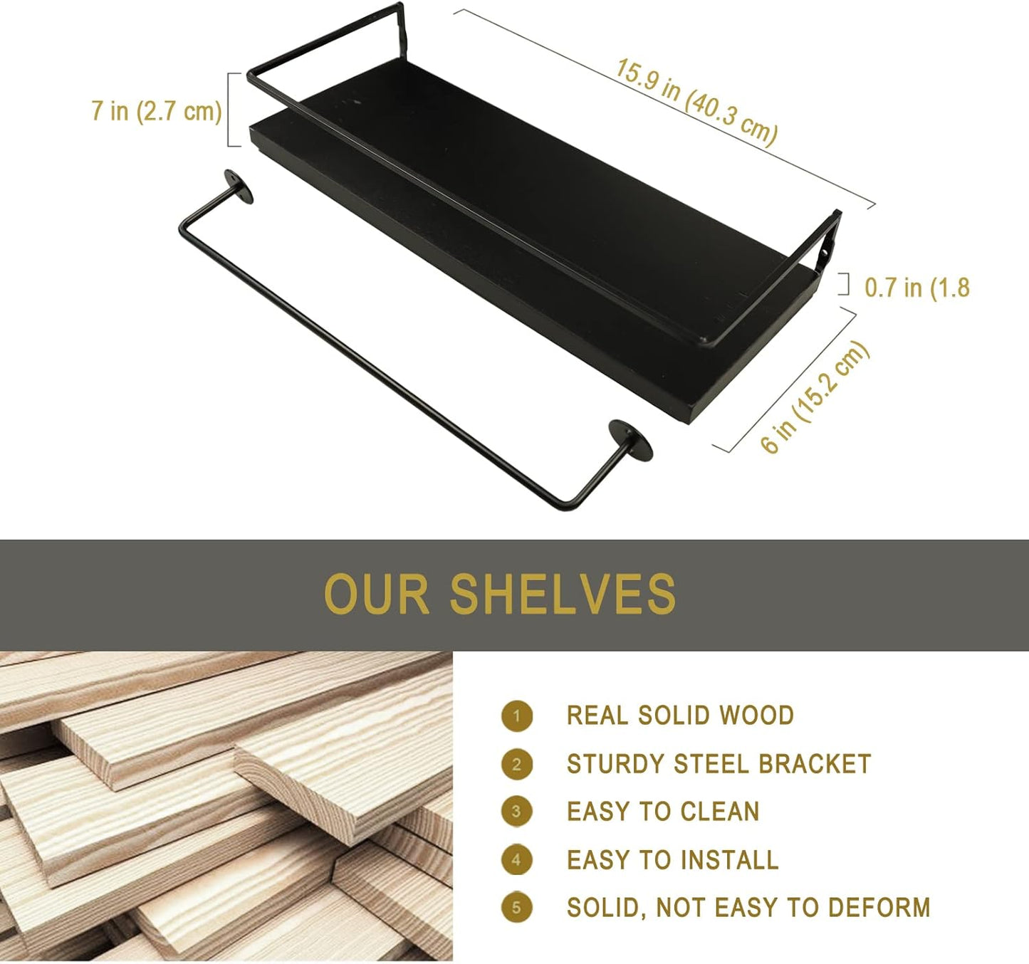 KEZORY Floating Shelves with Towel Rack, Farmhouse Wall Mounted Floating Shelf Storage and Decoration for Bathroom Kitchen Livingroom Bedroom, Home Decor Rustic Wall Decor Set of 2 (Black)