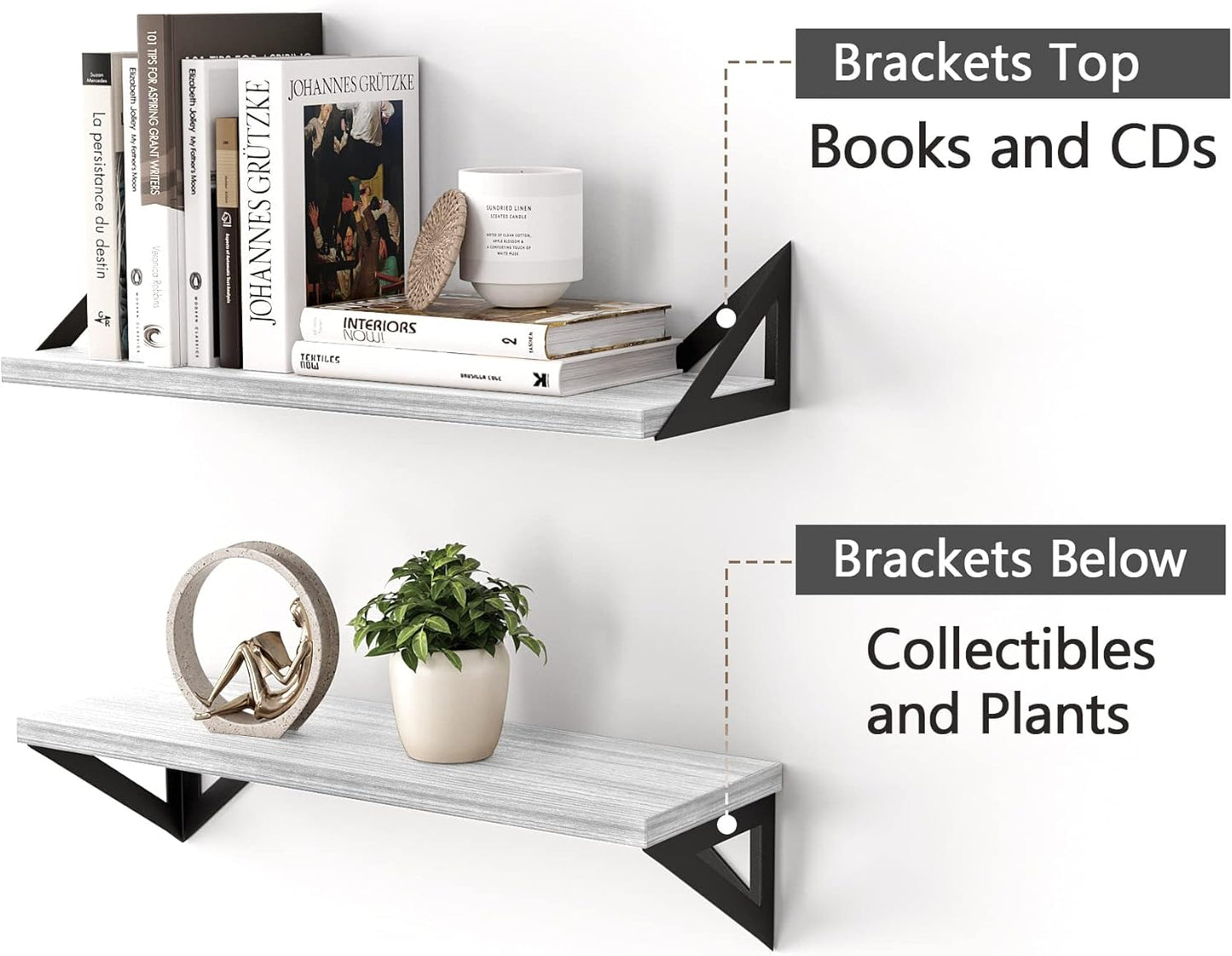 White Floating Shelves Wall Mounted Set of 4, Small Bookshelf for Bedroom, Office Wall Storage, Rustic Wood Shelves for Bathroom, Living Room, Kitchen Decor, Room Organization