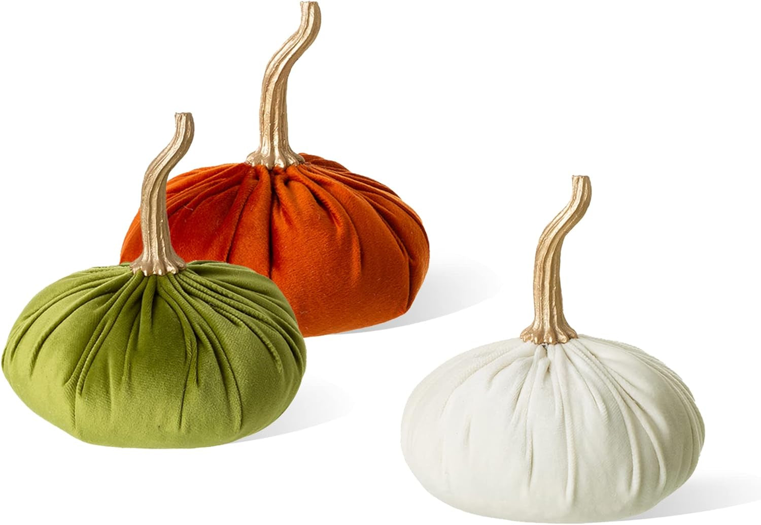 3 Pack Velvet Pumpkins, Orange White Green Artificial Pumpkins for Fall Harvest Thanksgiving Table Decoration