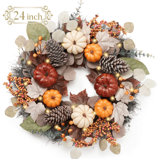 24 Inches Pre-Lit Fall Wreath Lighted Thanksgiving Wreath with Red Orange White Pumpkin & Pine Cone Harvest Wreath for Front Door Fireplace Farmhouse