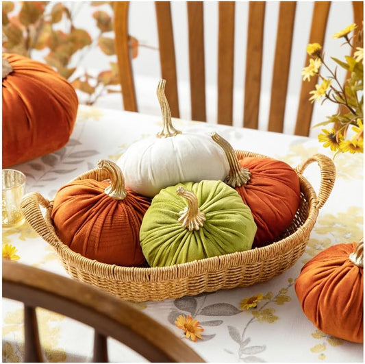 3 Pack Velvet Pumpkins, Orange White Green Artificial Pumpkins for Fall Harvest Thanksgiving Table Decoration