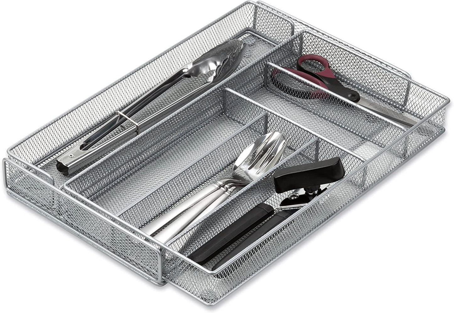 KCH-02163 Steel Mesh 7-Compartment Expandable Utility Drawer Organizer, Silver