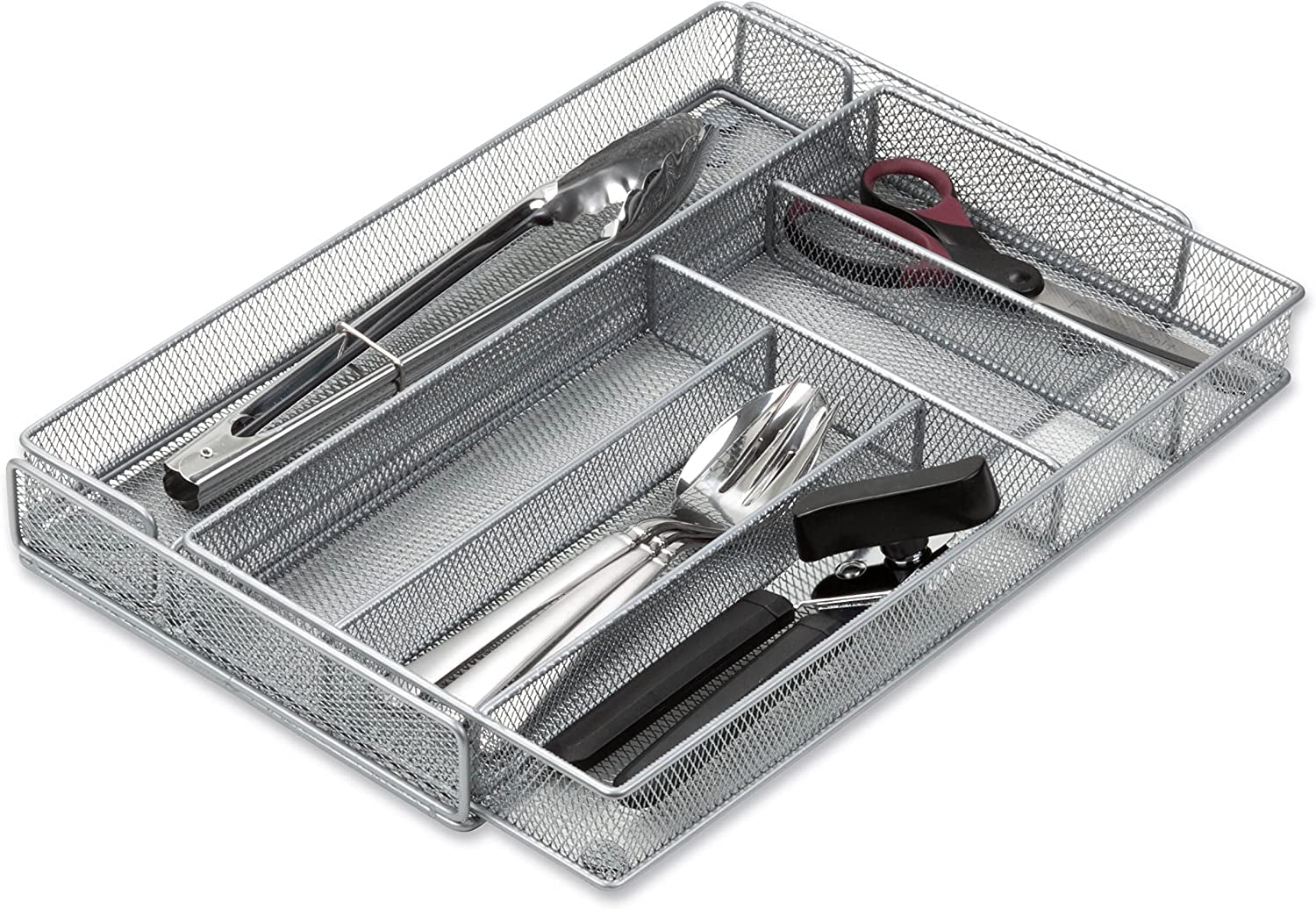 KCH-02163 Steel Mesh 7-Compartment Expandable Utility Drawer Organizer, Silver