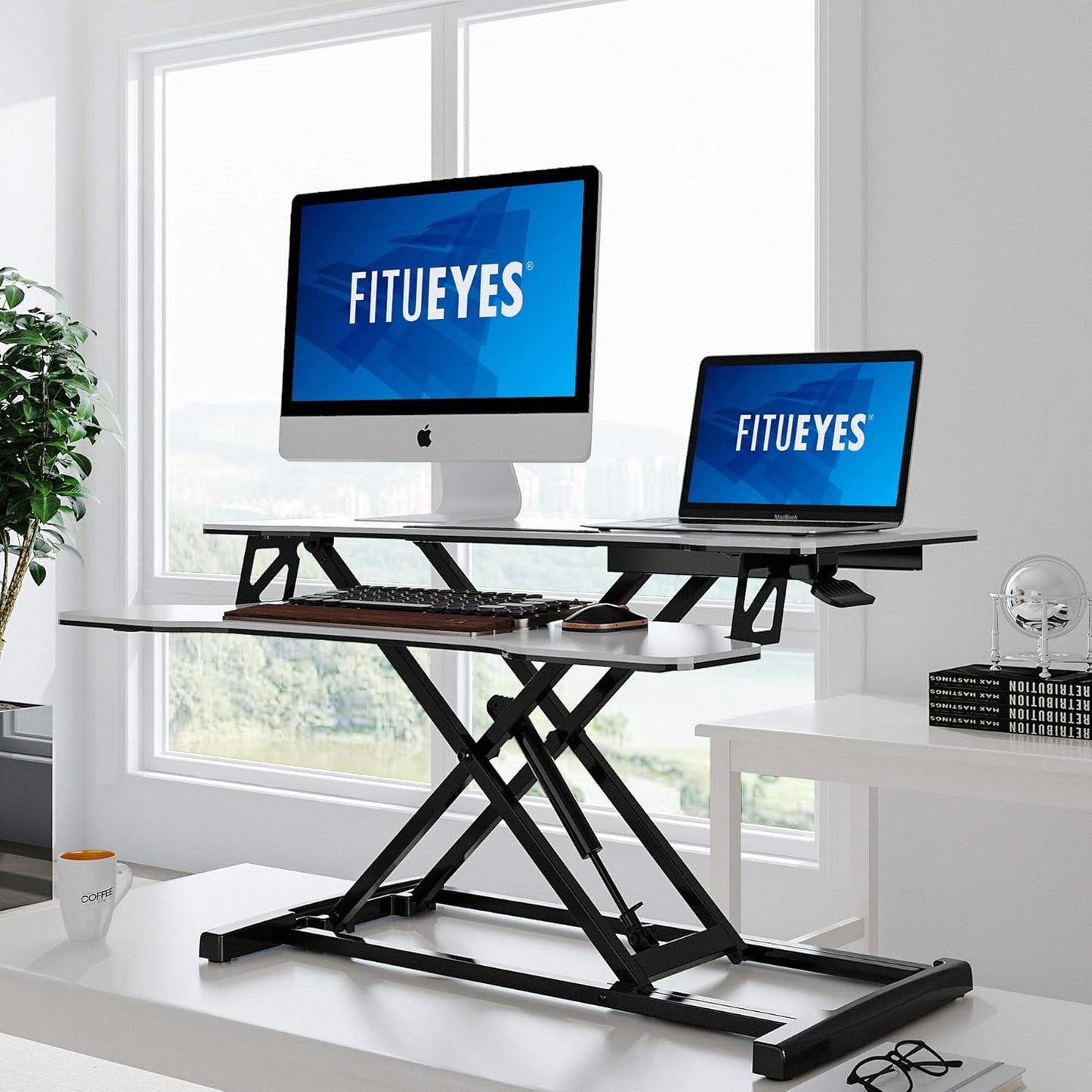 Height Adjustable Standing Desk 32” Wide Sit to Stand Converter Stand up Desk Tabletop Workstation for Laptops Dual Monitor Riser White SD308003WW