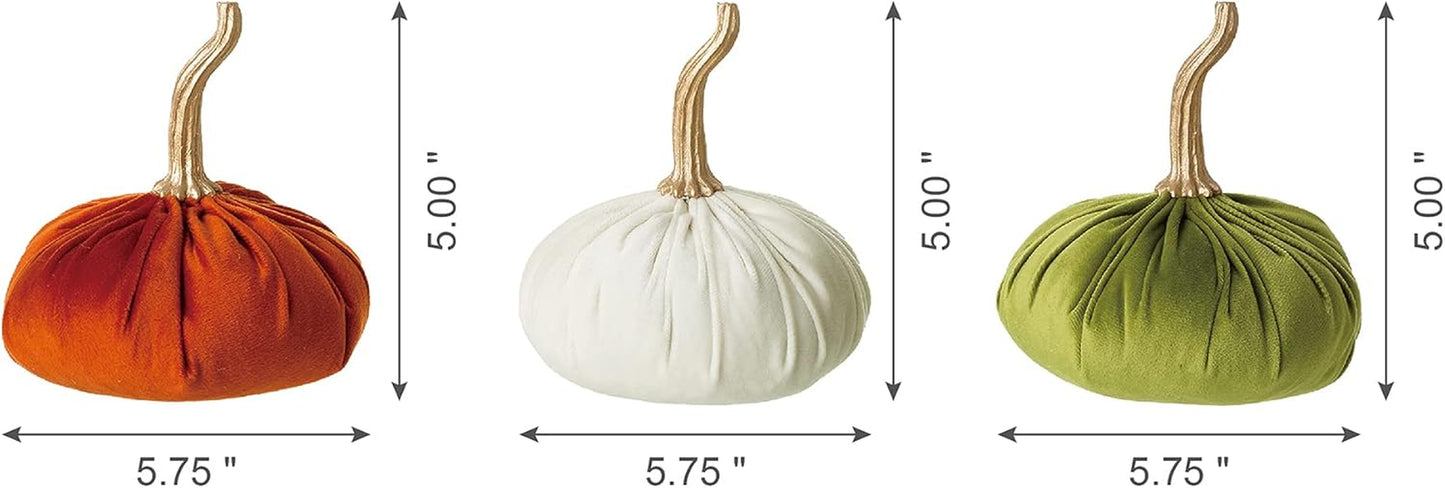 3 Pack Velvet Pumpkins, Orange White Green Artificial Pumpkins for Fall Harvest Thanksgiving Table Decoration
